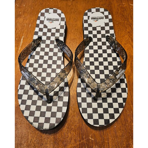 Sandals Flip Flops Black & White Daytona Speedway Racing Size 9 - Picture 1 of 4